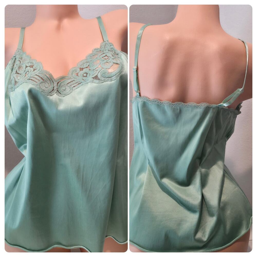 Vanity Fair Vintage Antron III Nylon Camisole Floral Lace Made in USA Green 36